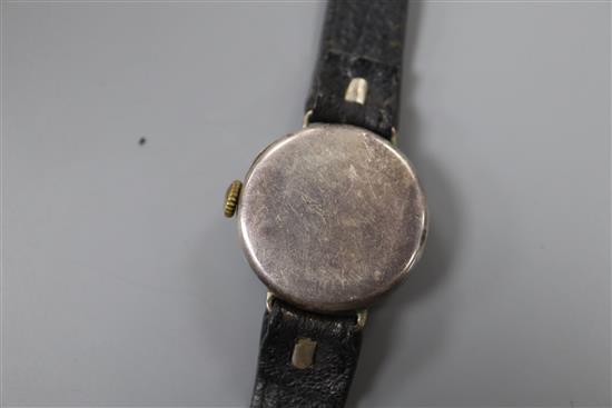 A gentlemans late 1930s silver Rolex Unicorn manual wind wrist watch, on associated leather strap.